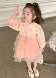 Pink Tulle Patchwork Girls Dress Ruffled Long Sleeve