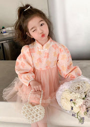 Pink Tulle Patchwork Girls Dress Ruffled Long Sleeve