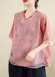 Pink V Neck Tulle Patchwork Shirts Short Sleeve