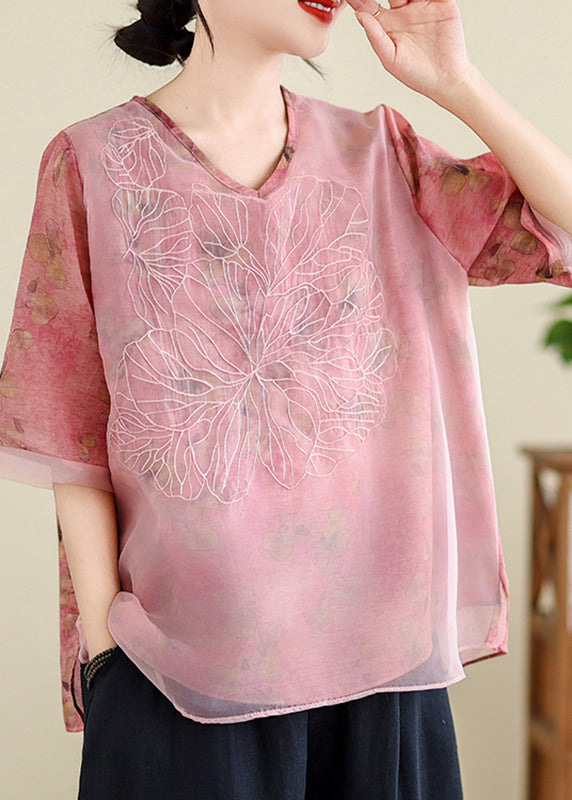 Pink V Neck Tulle Patchwork Shirts Short Sleeve