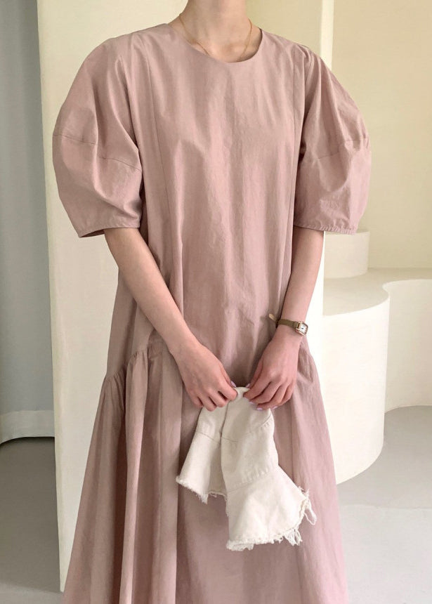 Pink Wrinkled Cozy Long Dresses Short Sleeve