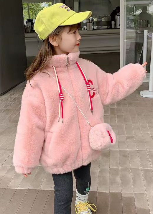 Pink Zip Up Pockets Patchwork Warm Fleece Girls Coats Stand Collar Long Sleeve