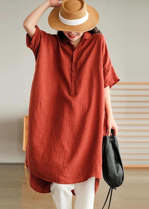 Jade  red flower Linen Women Casual Linen Shirt Dress