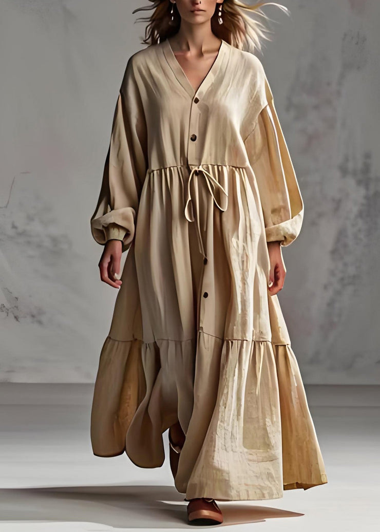 Plus Size Apricot V Neck Wrinkled Patchwork Cotton Long Dress Lantern Sleeve