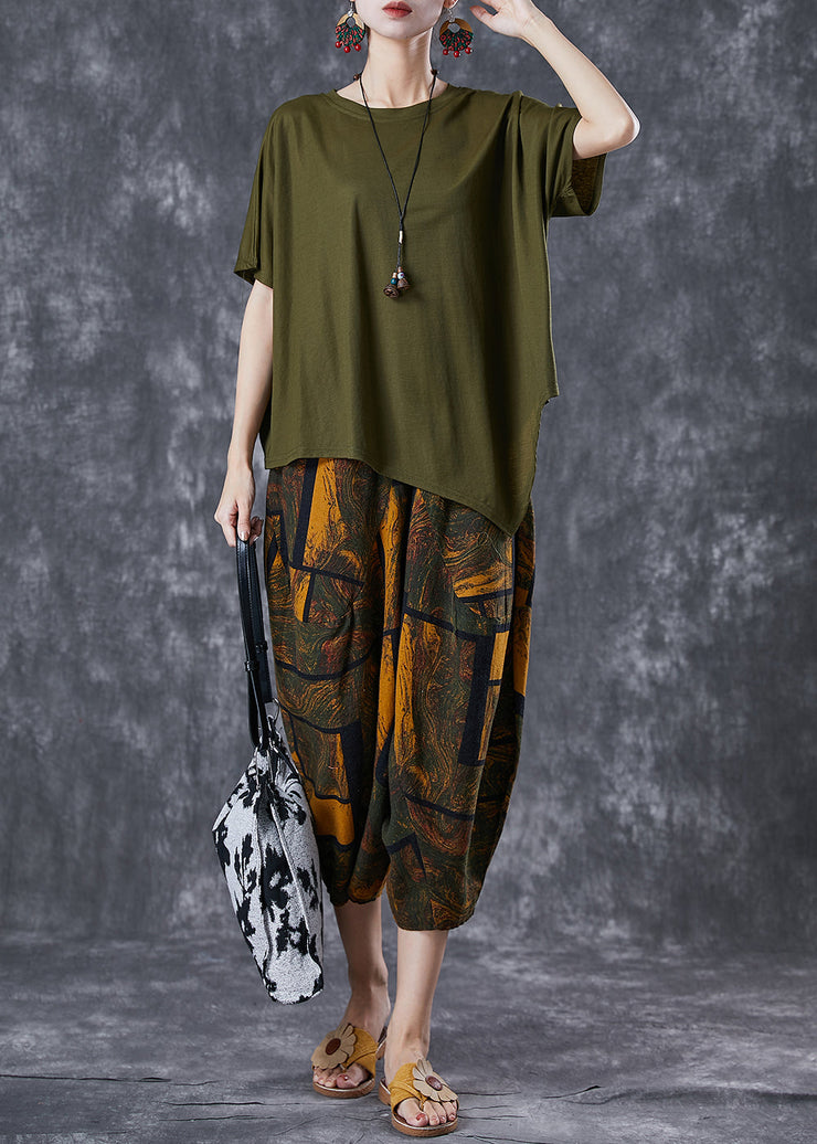 Plus Size Army Green Asymmetrical Print Cotton Two Pieces Set Summer