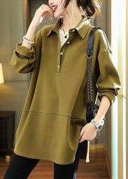 Plus Size Army Green Peter Pan Collar Patchwork Cotton Shirts Fall