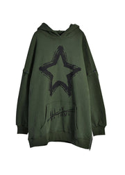 Plus Size Army Green Zippered Print Warm Fleece Hooded Sweatshirts Fall