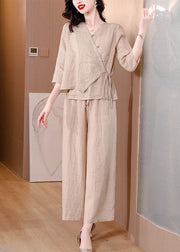 Plus Size Beige Asymmetrical Tie Waist Linen Two Pieces Set Spring