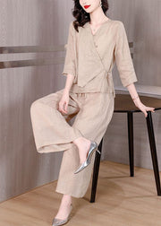 Plus Size Beige Asymmetrical Tie Waist Linen Two Pieces Set Spring