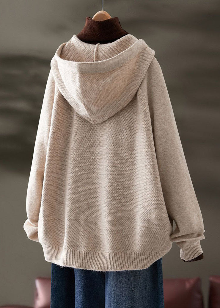 Plus Size Beige Hooded Drawstring Knit Sweatshirts Top Spring