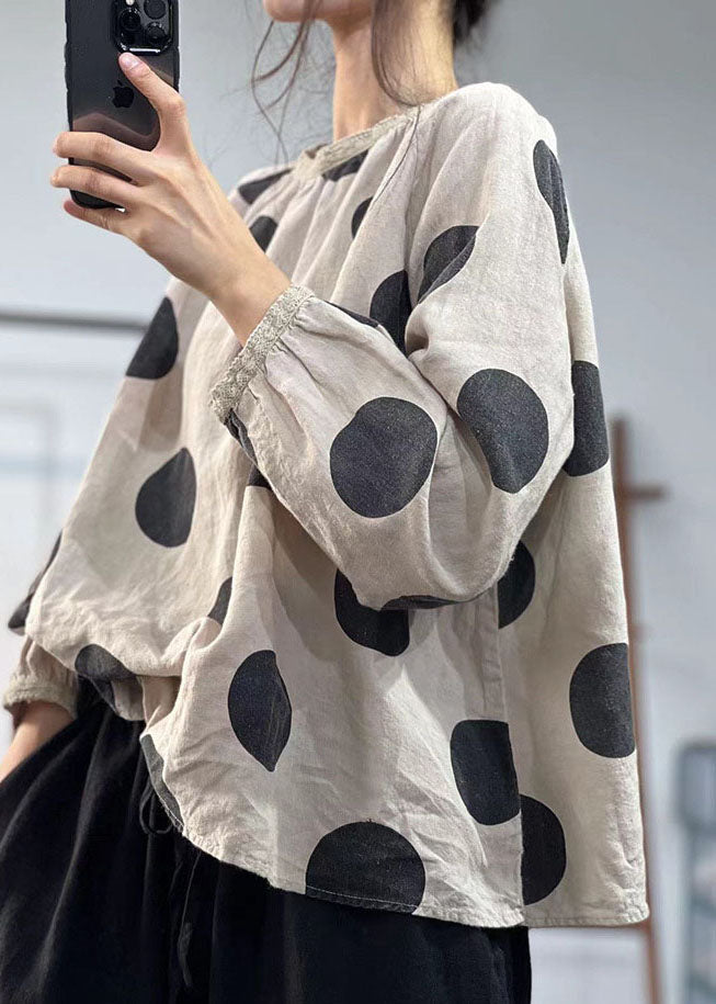 Plus Size Beige Oversized Dot Print Linen Shirts Fall