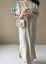 Plus Size Beige Oversized Ruffled Side Open Linen Maxi Dress Sleeveless