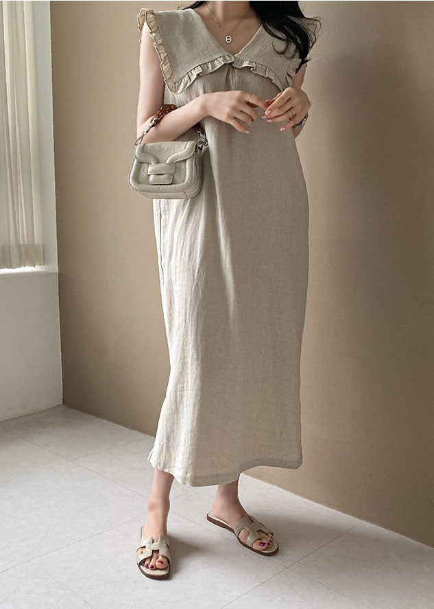 Plus Size Beige Oversized Ruffled Side Open Linen Maxi Dress Sleeveless