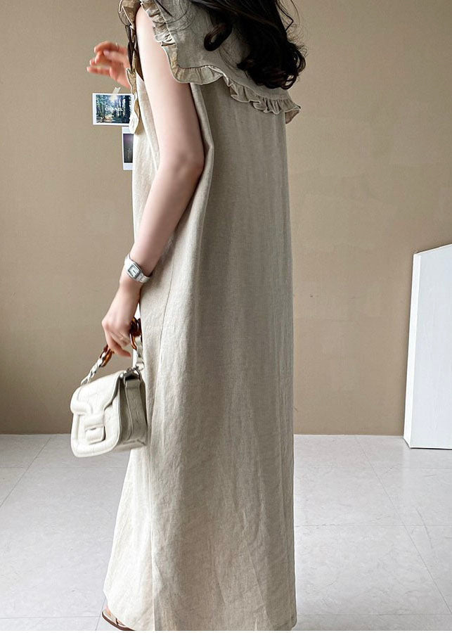 Plus Size Beige Oversized Ruffled Side Open Linen Maxi Dress Sleeveless