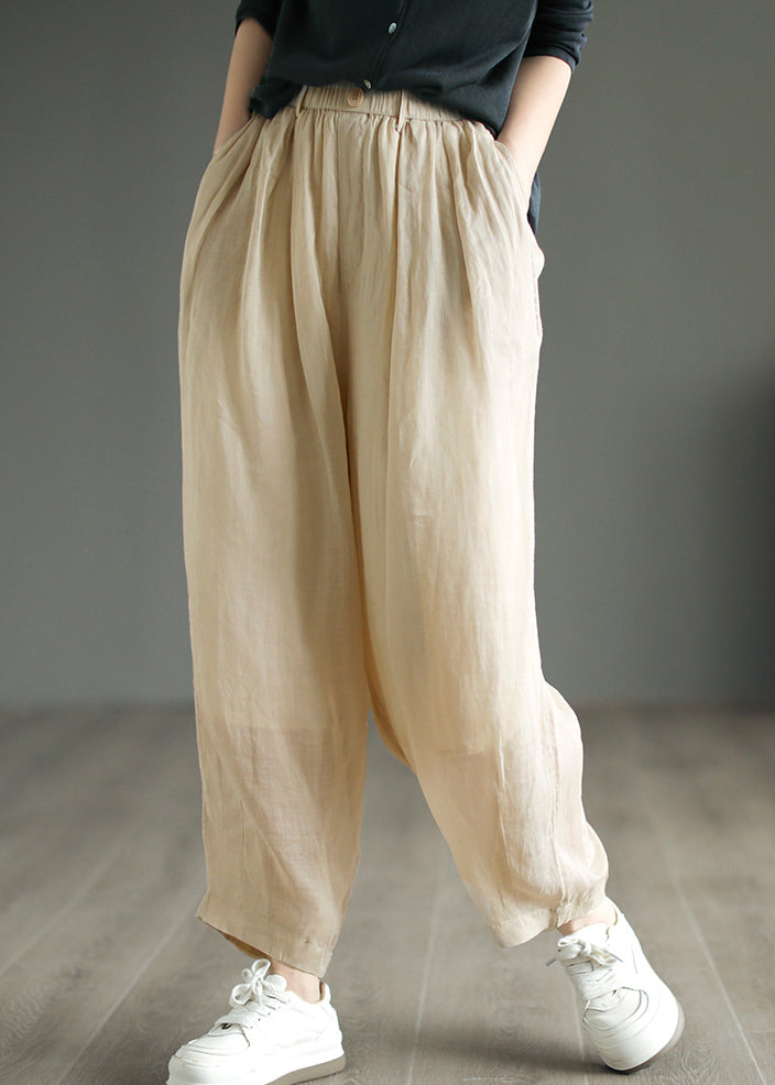 Plus Size Beige Pockets Wrinkled Linen Pants Summer