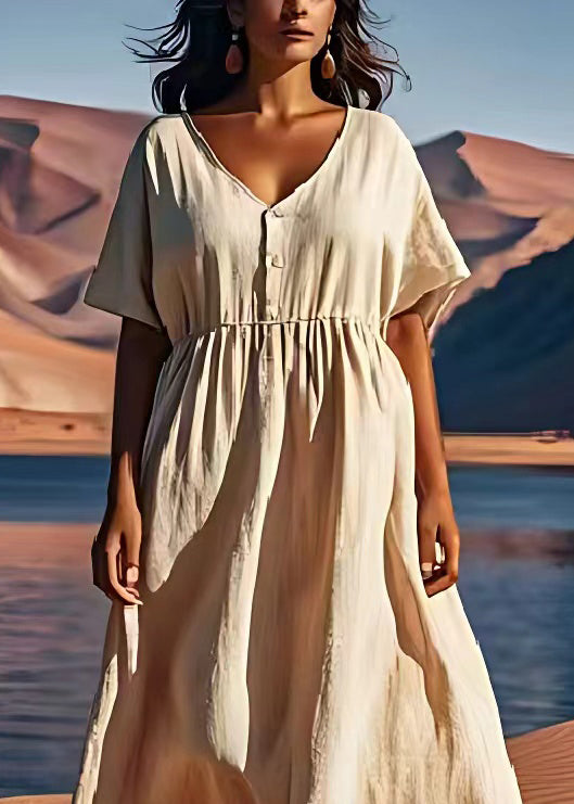 Plus Size Beige V Neck Wrinkled Patchwork Linen Dress Summer