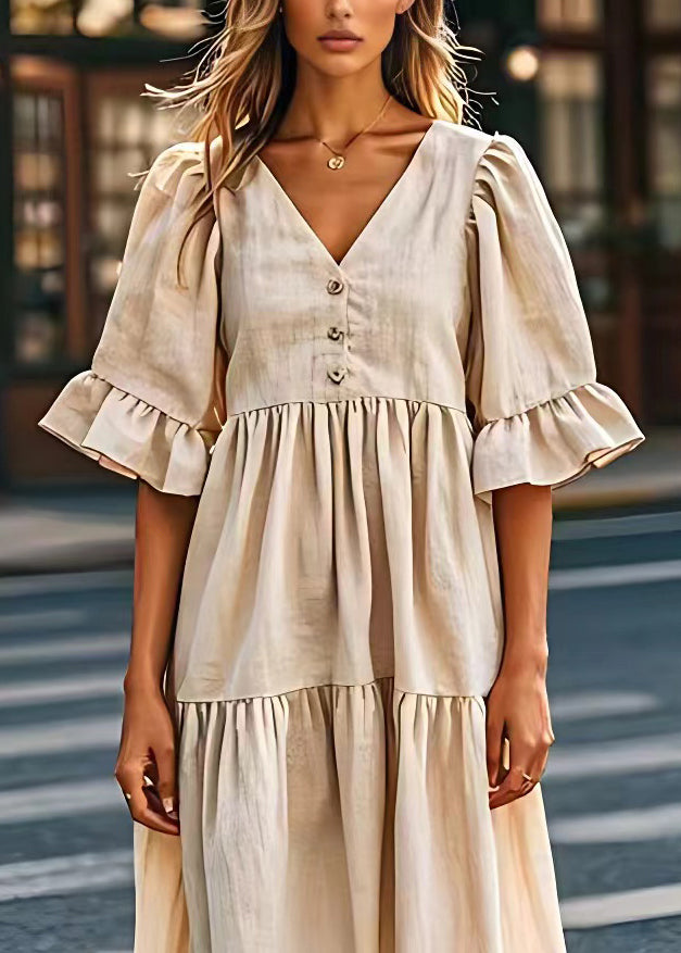 Plus Size Beige V Neck Wrinkled Patchwork Linen Dresses Summer