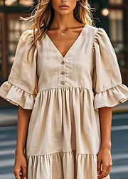 Plus Size Beige V Neck Wrinkled Patchwork Linen Dresses Summer