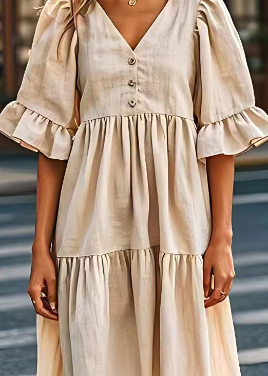 Plus Size Beige V Neck Wrinkled Patchwork Linen Dresses Summer