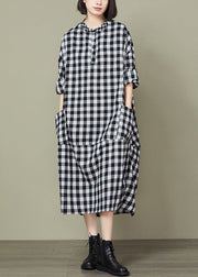 Plus Size Big Plaid Pockets Patchwork Cotton Long Dresses Fall