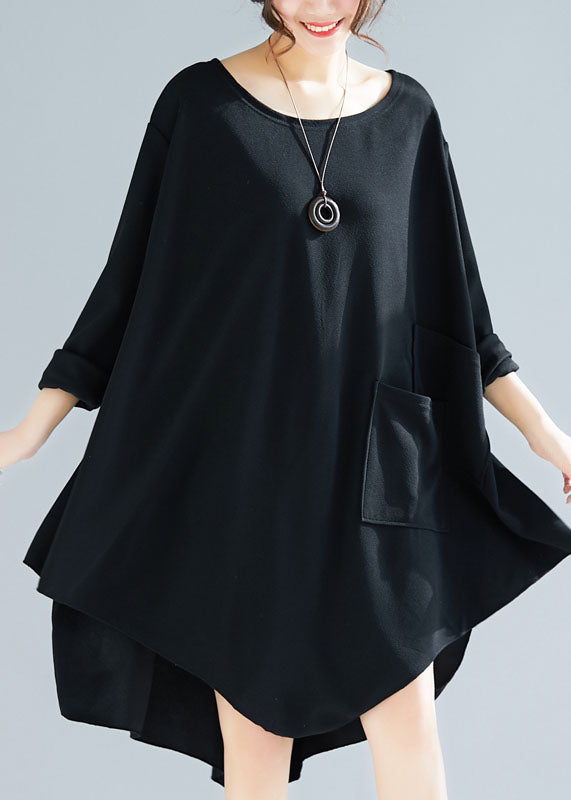 Plus Size Black Asymmetrical Patchwork Applique Cotton Long Tops Spring