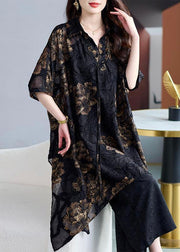 Plus Size Black Asymmetrical Print Chiffon Cardigans Summer