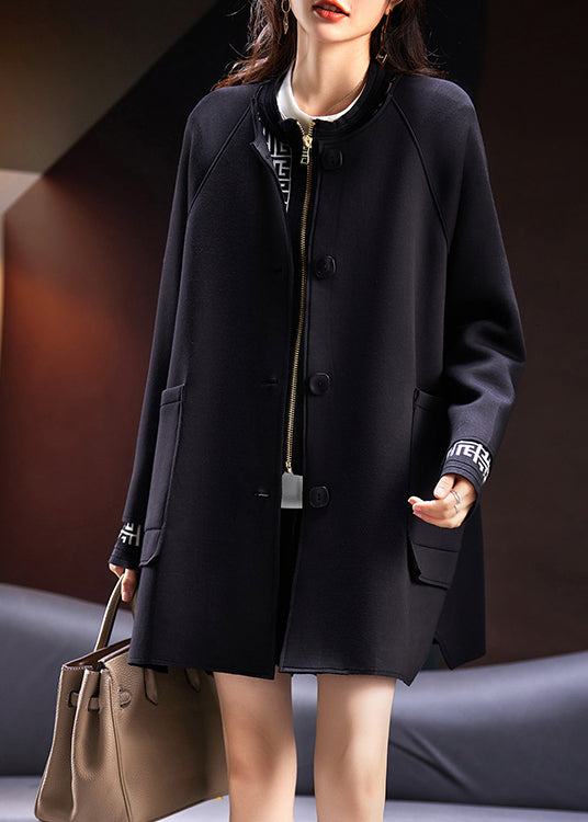 Plus Size Black Button Pockets Cotton Coats Long Sleeve