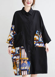 Plus Size Black Button Print Patchwork Cotton Blouses Dress Fall