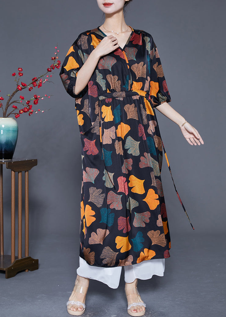 Plus Size Black Cinched Leaf Print Silk Long Dress Summer