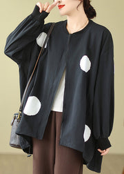 Plus Size Black Dot Zip Up Drawstring Cotton Coat Long Sleeve