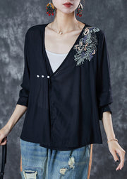 Plus Size Black Embroidered Cotton Loose Blouses Summer