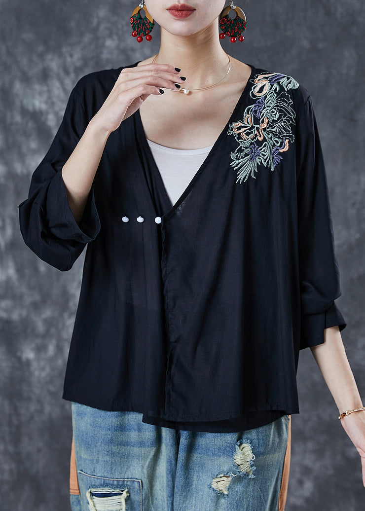 Plus Size Black Embroidered Cotton Loose Blouses Summer