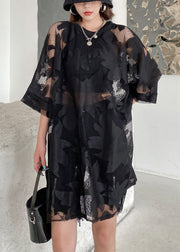 Plus Size Black Embroideried Hollow Out Patchwork Lace Mid Dress Half Sleeve