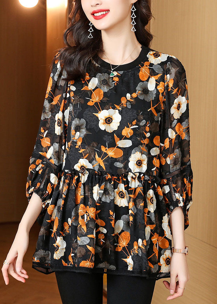 Plus Size Black Floral Wrinkled Patchwork Chiffon Blouse Top Summer