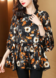 Plus Size Black Floral Wrinkled Patchwork Chiffon Blouse Top Summer