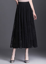 Plus Size Black High Waist Lace Patchwork Hollow Out Tulle Maxi Skirt Spring