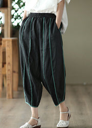 Plus Size Black High Waist Pockets Striped Linen Crop Pants Summer