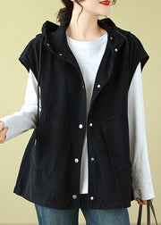 Plus Size Black Hooded Button Drawstring Cotton Waistcoat Sleeveless