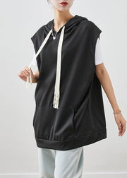 Plus Size Black Hooded Drawstring Cotton Vest Fall