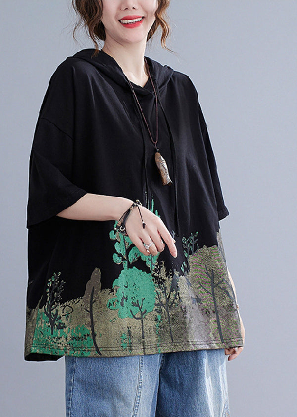 Plus Size Black Hooded Print Cotton Sweatshirt Summer