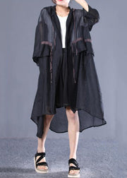 Plus Size Black Hooded Tie Waist Cotton Long Trench Spring