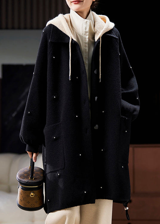 Plus Size Black Hooded Zircon Patchwork Woolen Coats Spring