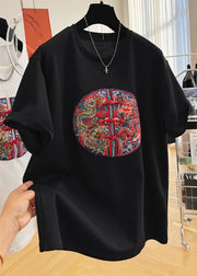 Plus Size Black O Neck Embroideried Cotton Mens T Shirts Summer