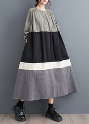 Plus Size Black O Neck Patchwork Cotton Long Dress Fall