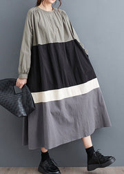 Plus Size Black O Neck Patchwork Cotton Long Dress Fall