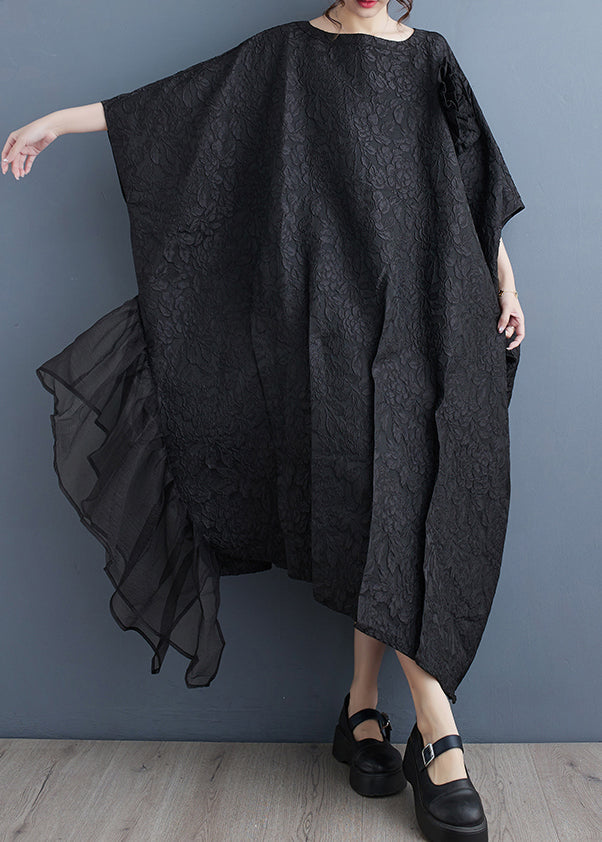 Plus Size Black O-Neck Patchwork Cotton Long Dresses Batwing Sleeve