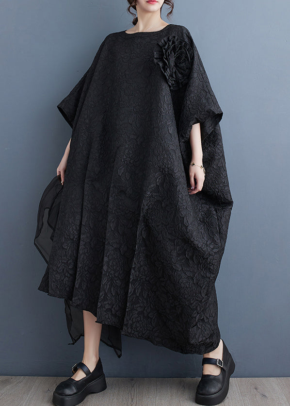 Plus Size Black O-Neck Patchwork Cotton Long Dresses Batwing Sleeve