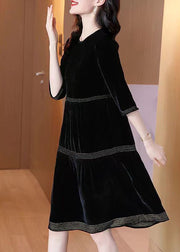 Plus Size Black O-Neck Patchwork Silk Velour Dresses Half Sleeve