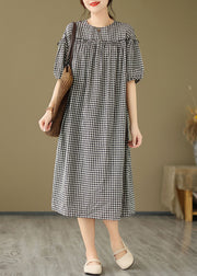 Plus Size Black O Neck Plaid Ruffled Patchwork Cotton Dress Summer