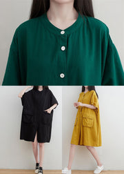 Plus Size Black O-Neck Pockets Button Linen Dresses Short Sleeve